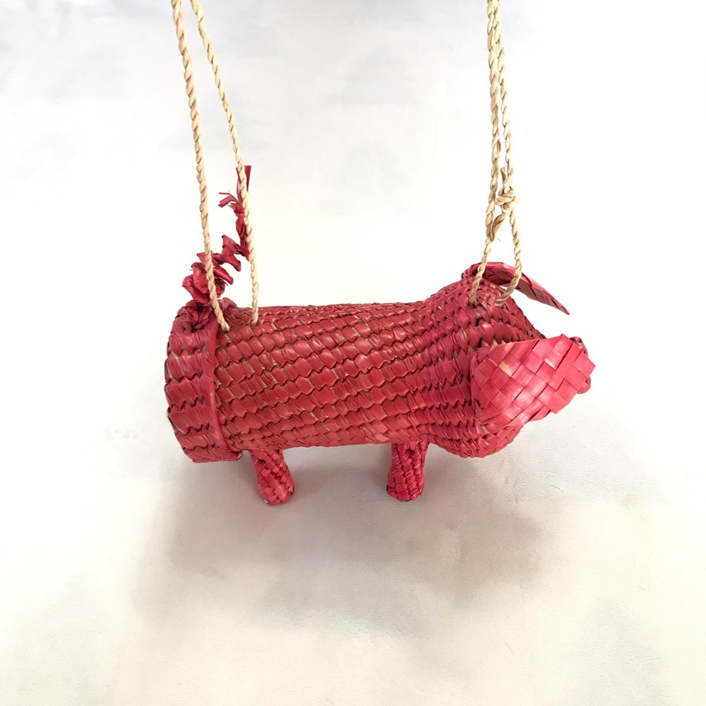 Vintage Mexican Woven Straw Pig Purse Basket - Novelty Folk Art Bag Cottagecore